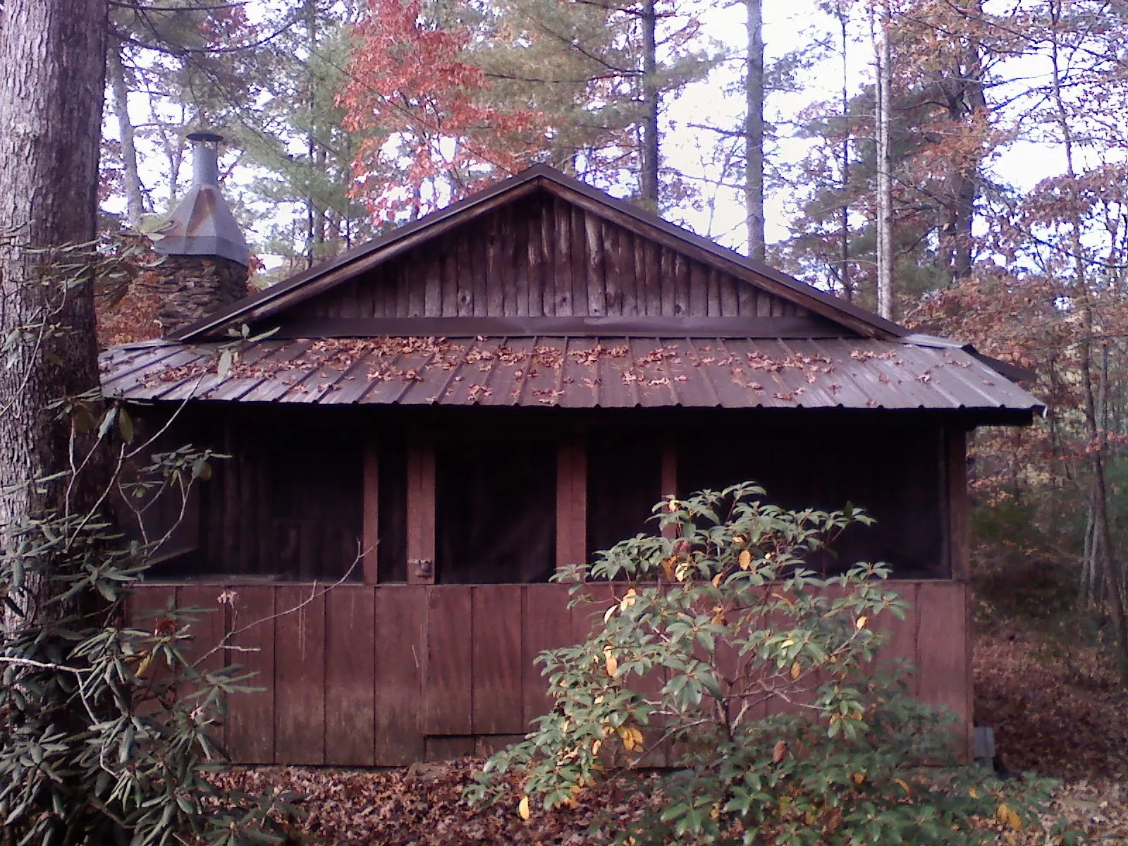 Metal roof over the screened porch of a rustic cabin in Columbiana